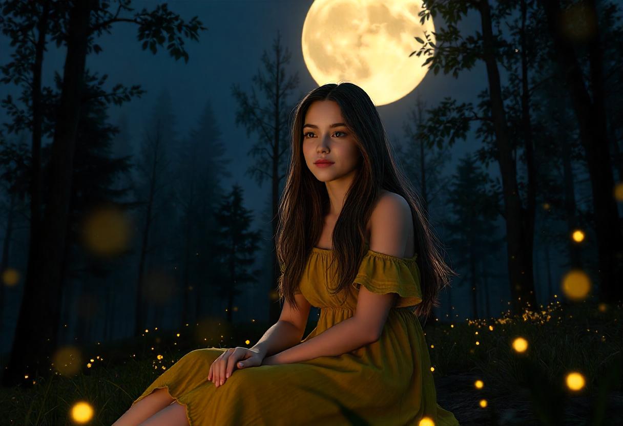 A woman sits in a forest under a full moon A woman sits in a forest under a full moon