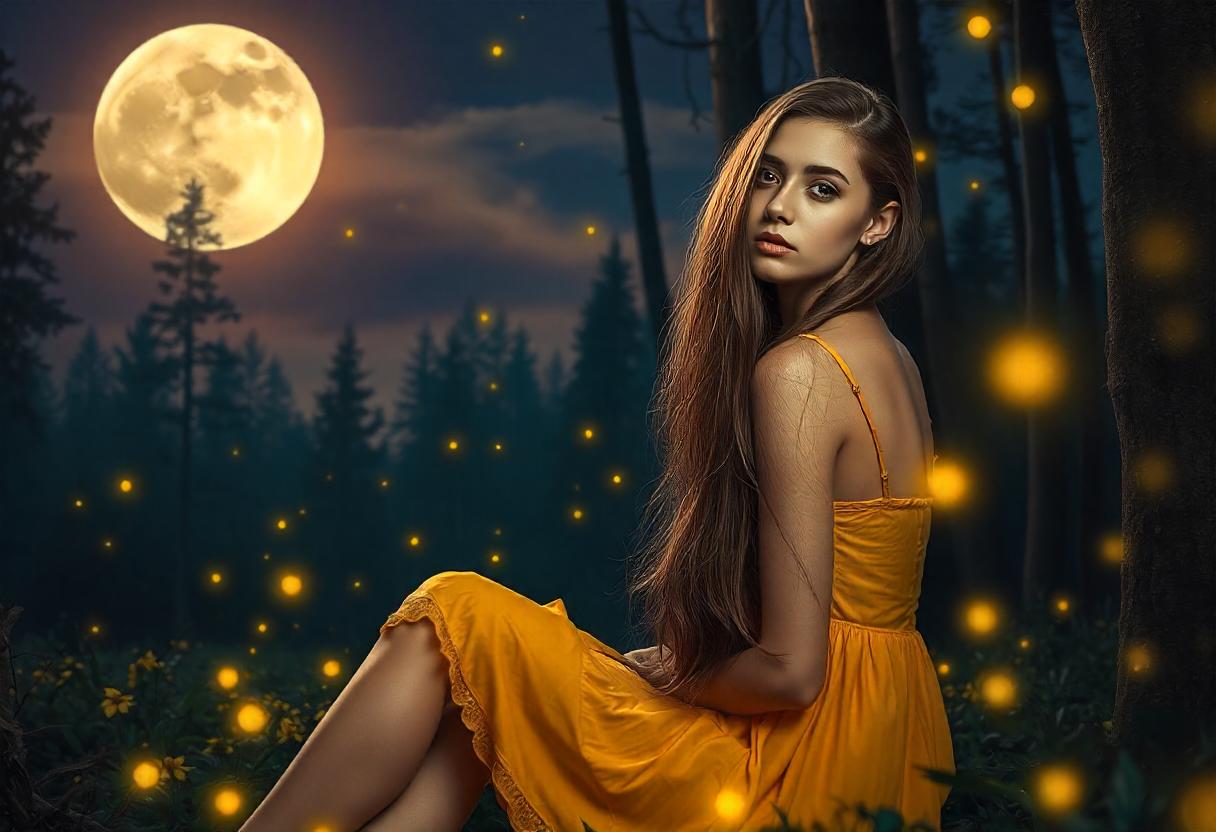 A woman sits in a moonlit forest with fireflies A woman sits in a moonlit forest with fireflies