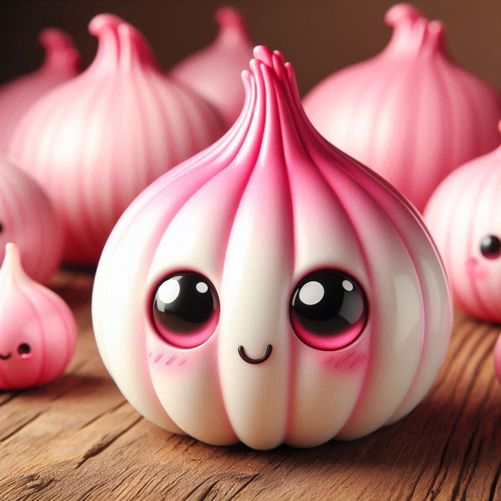 A pink garlic with big eyes smiles on a wooden surface A pink garlic with big eyes smiles on a wooden surface