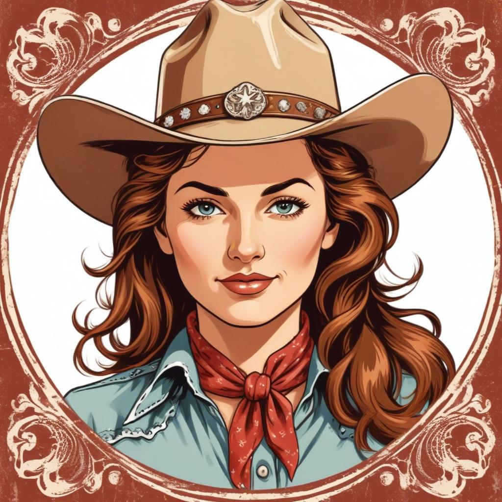 A cowgirl smiles in a vintage illustration