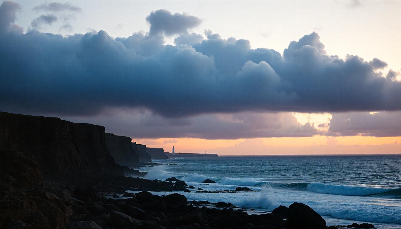 A lighthouse sits on a rocky coast at sunset A lighthouse sits on a rocky coast at sunset