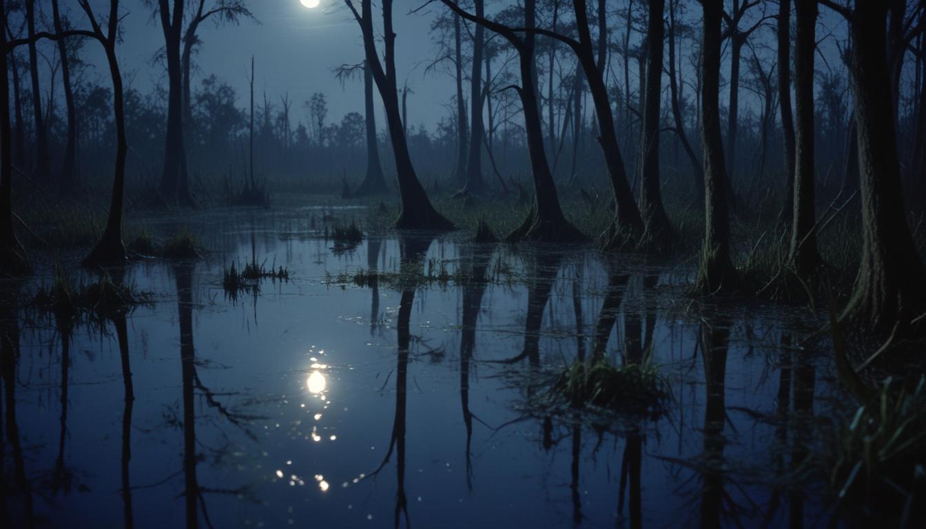 The moon shines on a swamp at night The moon shines on a swamp at night