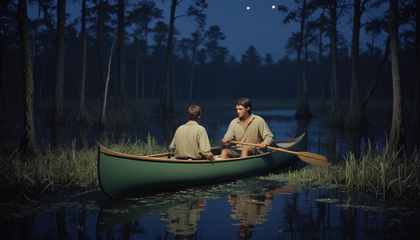 Two men in a canoe navigate a calm body of water Two men in a canoe navigate a calm body of water