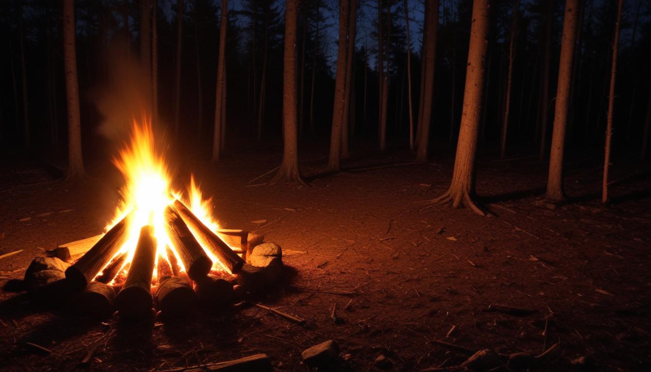 A campfire burns brightly in a forest at night A campfire burns brightly in a forest at night