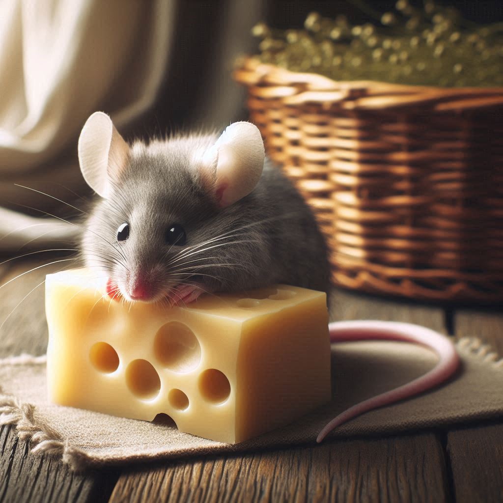 A small gray mouse rests on a block of swiss cheese A small gray mouse rests on a block of swiss cheese
