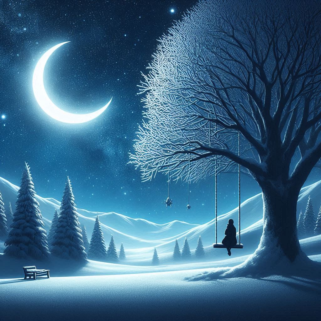A person swings under a snowy tree at night A person swings under a snowy tree at night