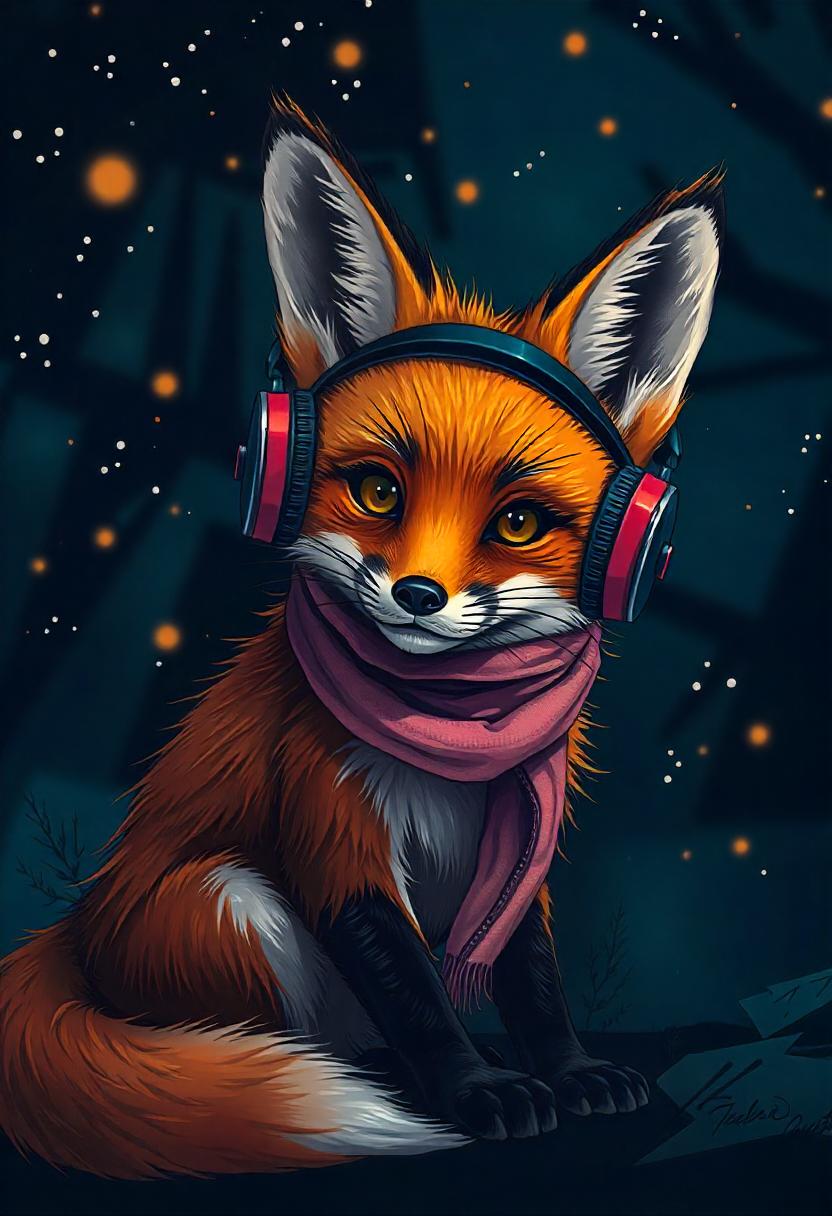 A cute fox in headphones sits in a dark forest A cute fox in headphones sits in a dark forest