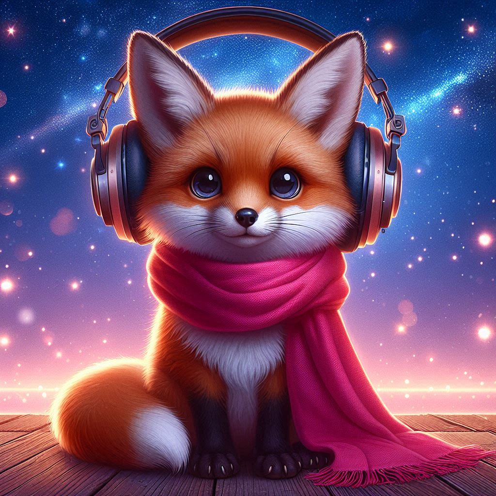 Fox with headphones under a starry night sky Fox with headphones under a starry night sky