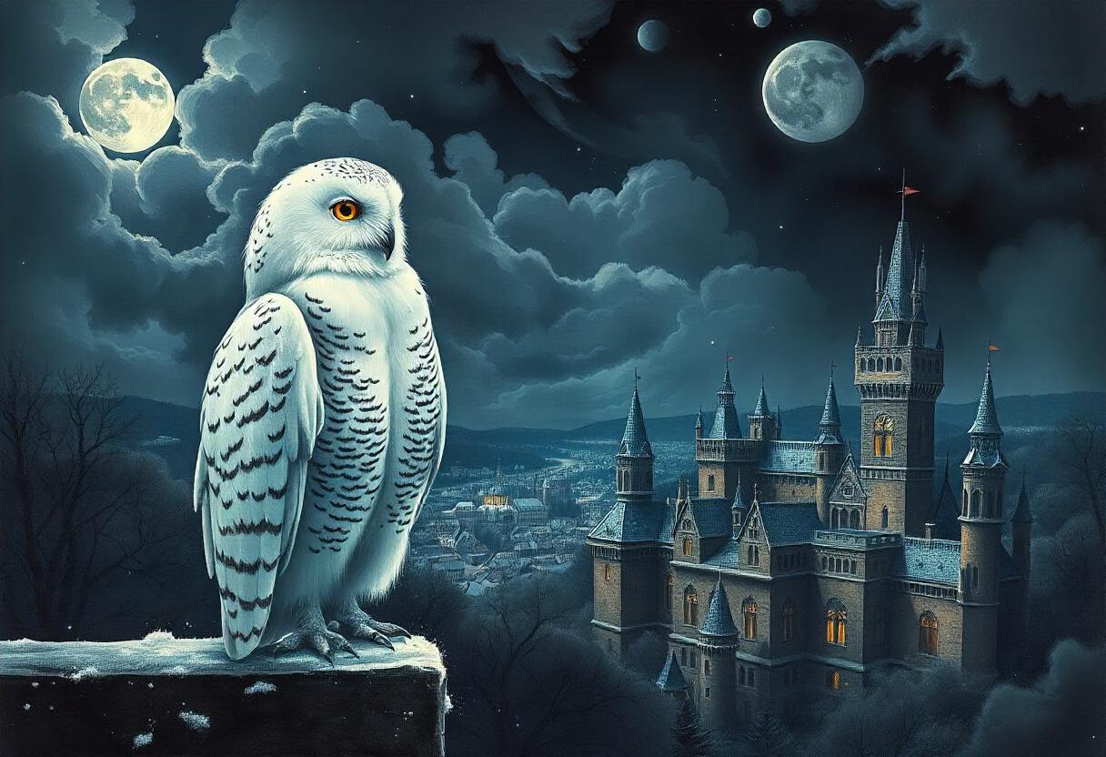 Snowy owl perches on a ledge by a moonlit castle Snowy owl perches on a ledge by a moonlit castle