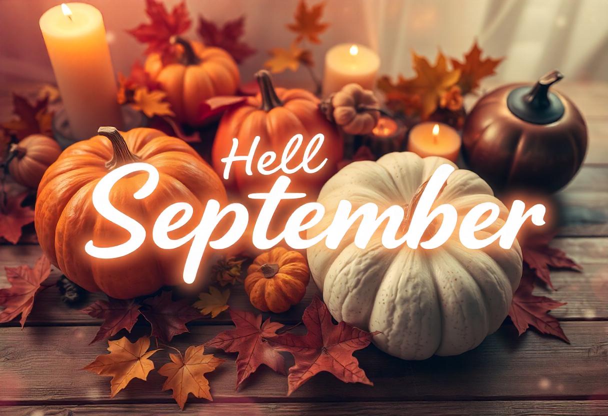 Hello september, with pumpkins and fall leaves Hello september, with pumpkins and fall leaves