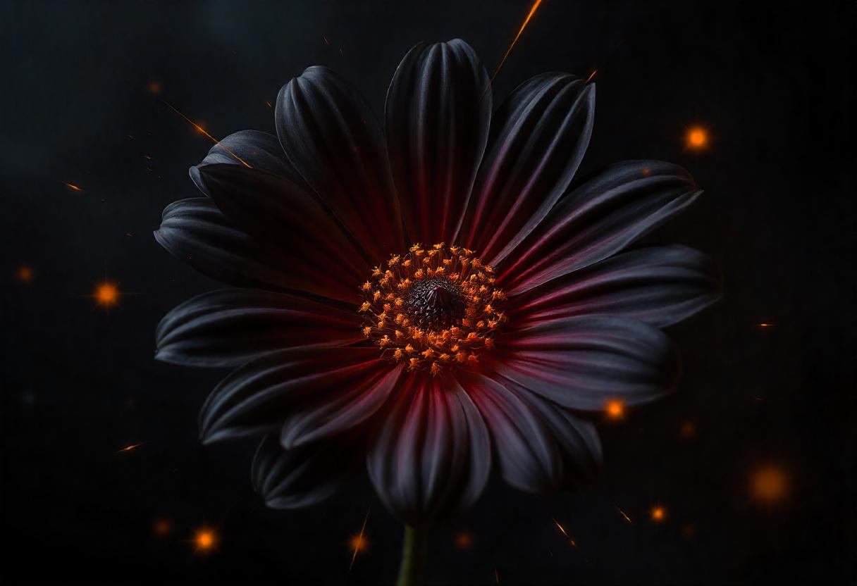 A black flower with orange lights in the dark A black flower with orange lights in the dark