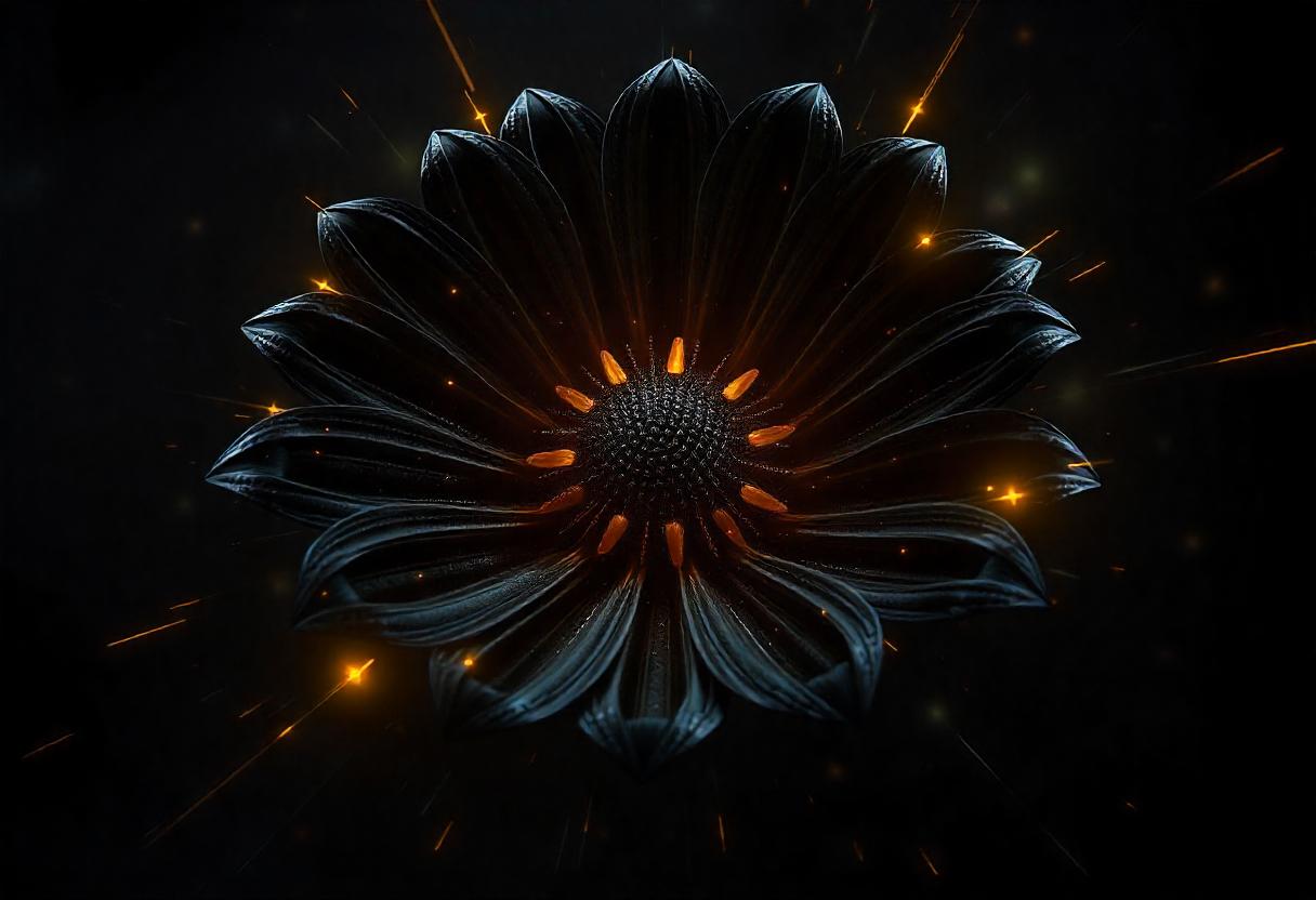 A black flower glows with golden light in the dark A black flower glows with golden light in the dark