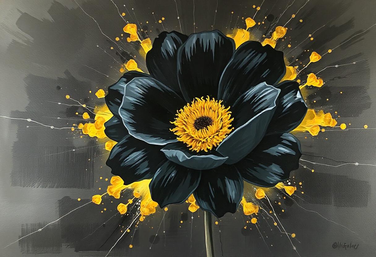 A black flower blooms against a gray background A black flower blooms against a gray background