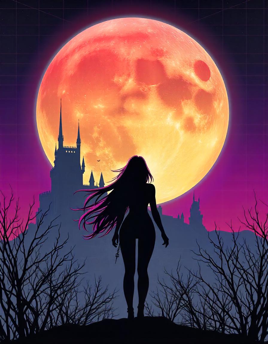 A woman stands before a castle under a full moon A woman stands before a castle under a full moon