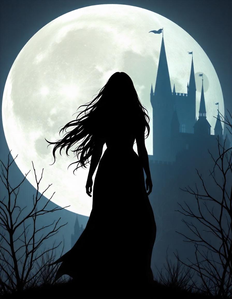 A woman silhouetted by a full moon and castle A woman silhouetted by a full moon and castle