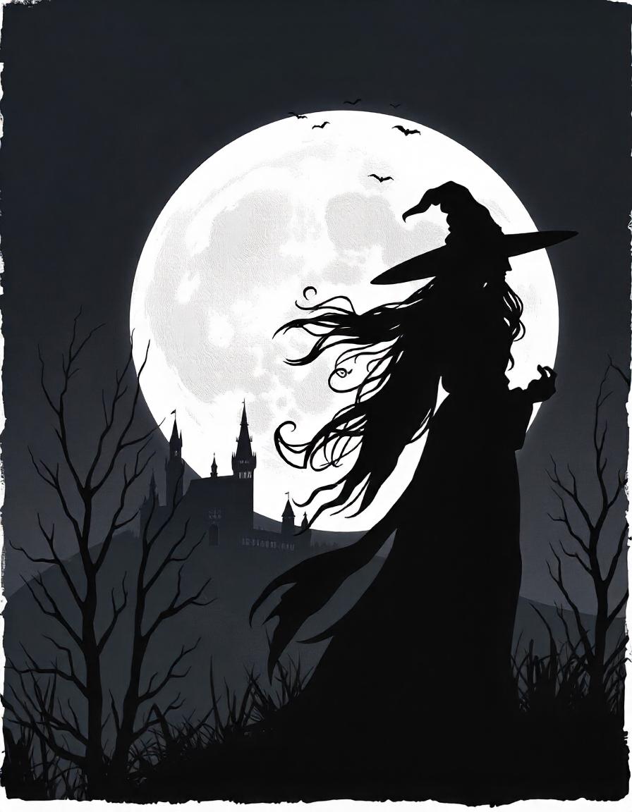 Witch silhouetted by a full moon and castle Witch silhouetted by a full moon and castle
