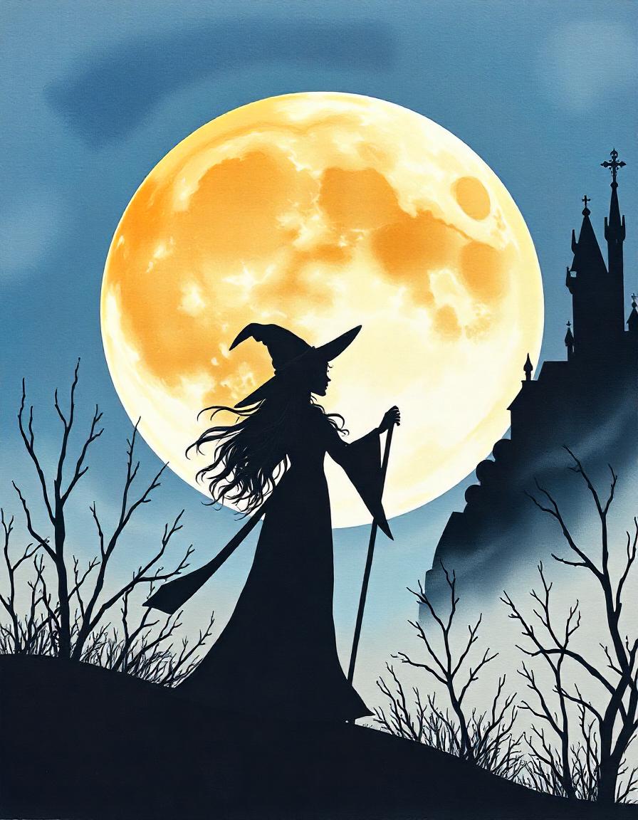 A witch walks under a full moon, a castle in the distance A witch walks under a full moon, a castle in the distance