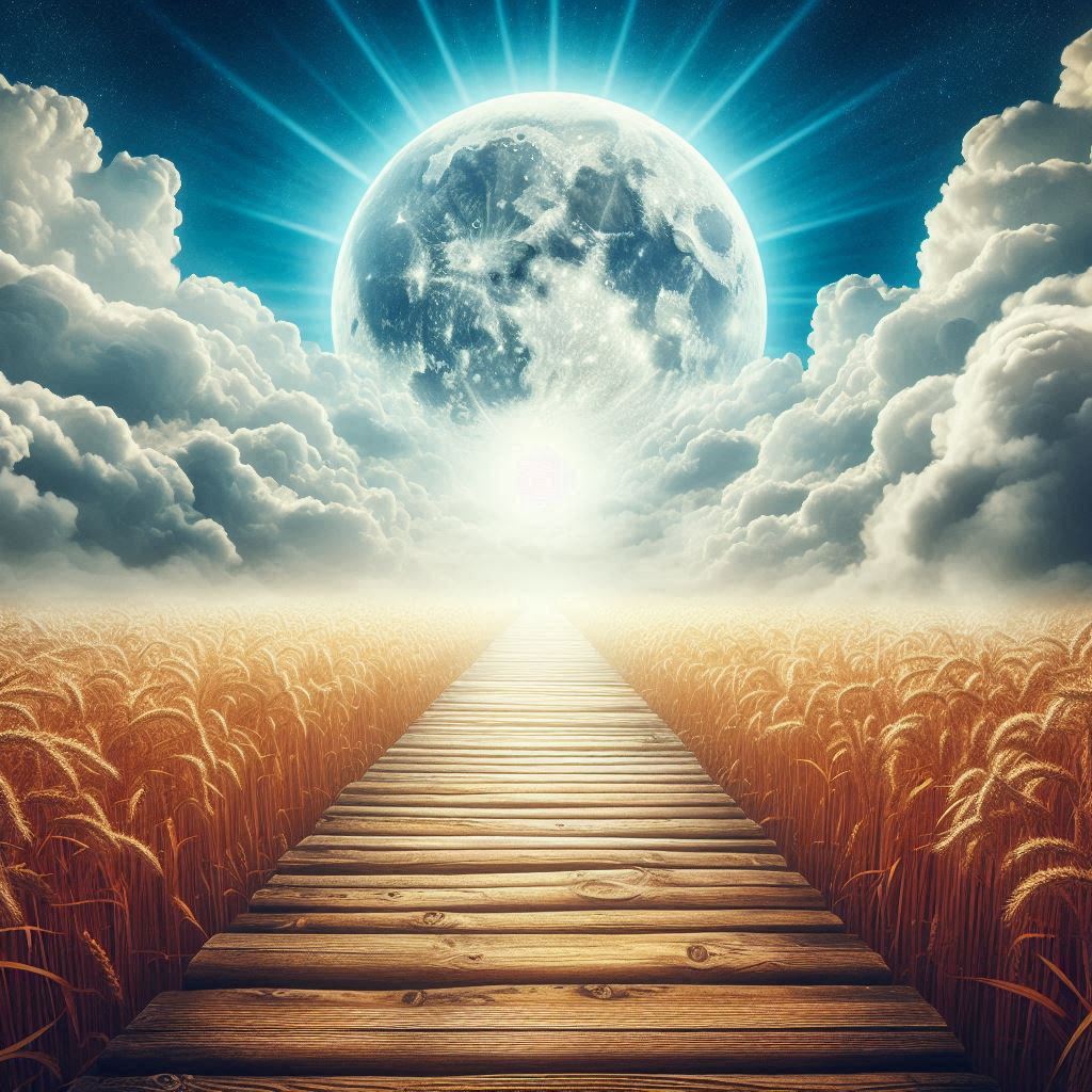 Wooden path under a large moon over wheat field Wooden path under a large moon over wheat field