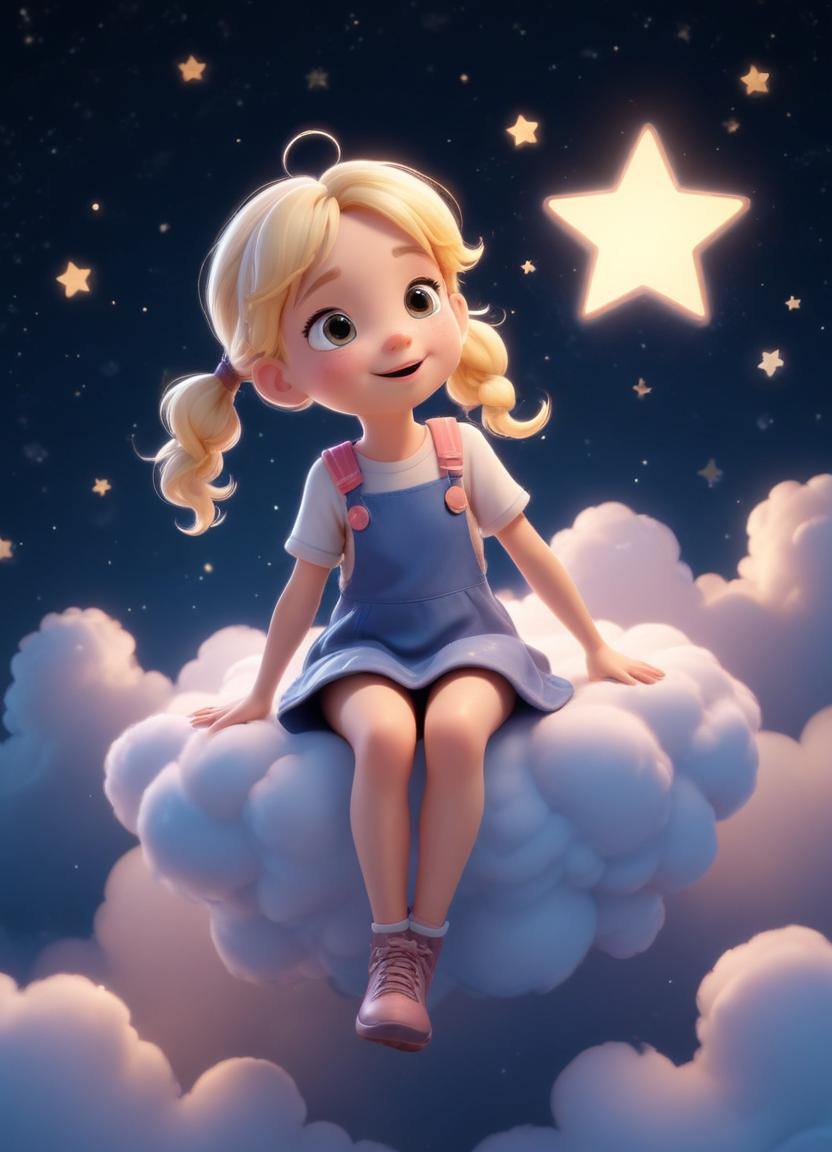 A girl sits on a cloud and looks up at a star A girl sits on a cloud and looks up at a star