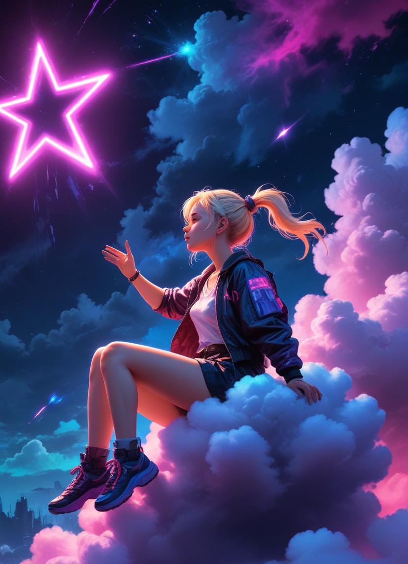 A girl sits on a cloud, reaching for a neon star A girl sits on a cloud, reaching for a neon star