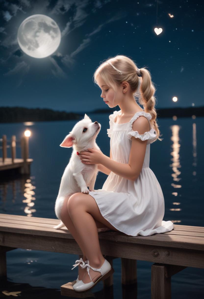 A young girl sits on a dock at night with her dog A young girl sits on a dock at night with her dog