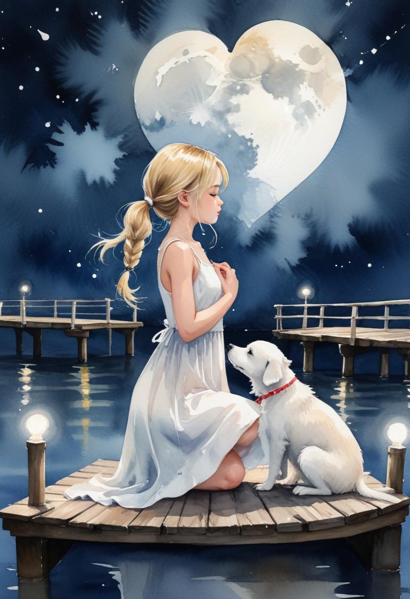 Girl and dog on dock, watching heart-shaped moon Girl and dog on dock, watching heart-shaped moon