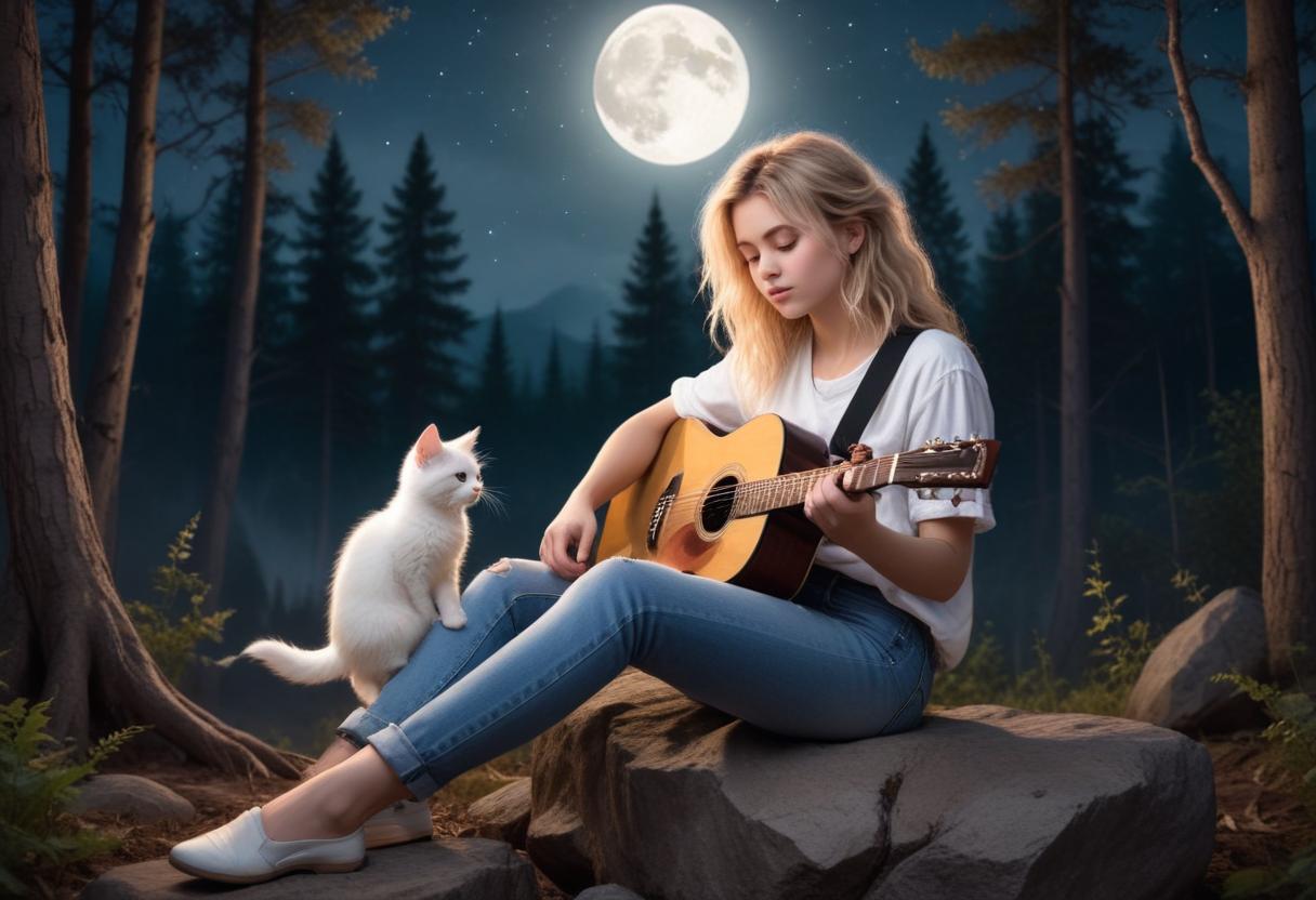 A woman plays guitar with her cat by a full moon A woman plays guitar with her cat by a full moon