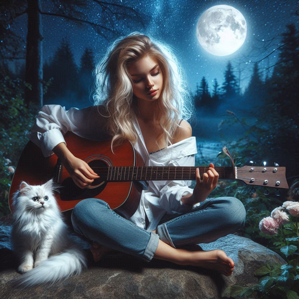 A woman plays guitar under the moonlight A woman plays guitar under the moonlight