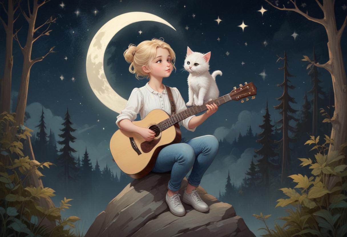 A girl plays a guitar with her cat under a crescent moon A girl plays a guitar with her cat under a crescent moon