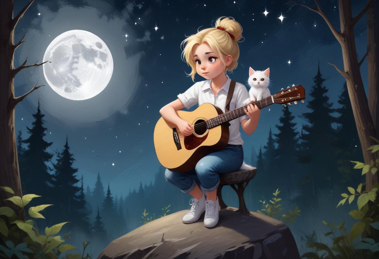 A young woman plays guitar under the moonlight in a forest A young woman plays guitar under the moonlight in a forest