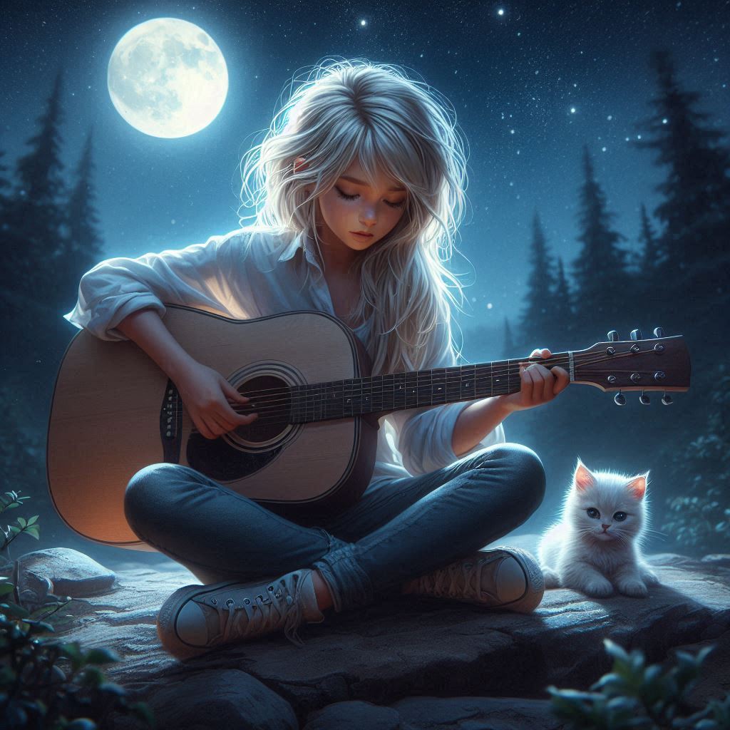 A woman plays guitar under a full moon A woman plays guitar under a full moon