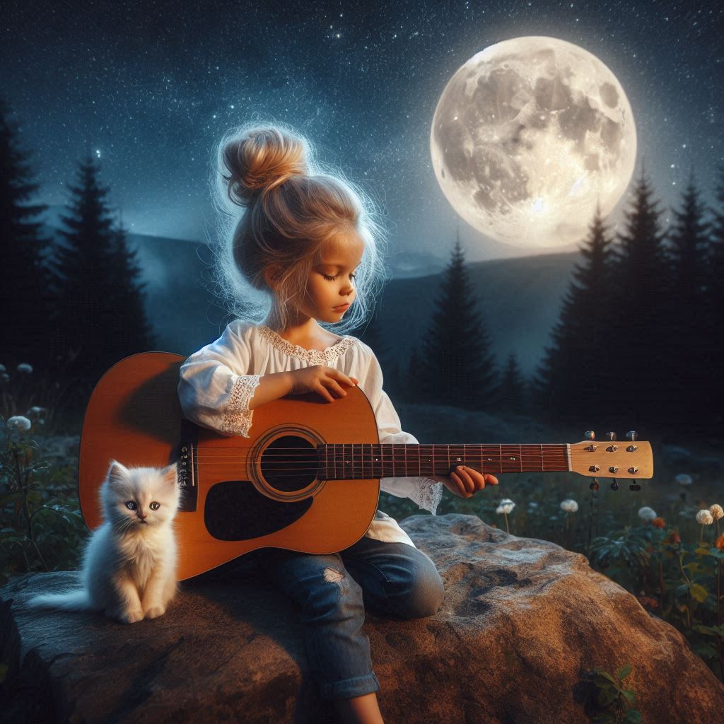 A young girl plays guitar under a full moon A young girl plays guitar under a full moon