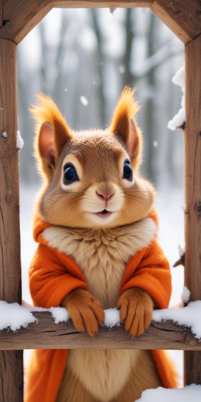 Squirrel in an orange coat peeks through a frame Squirrel in an orange coat peeks through a frame