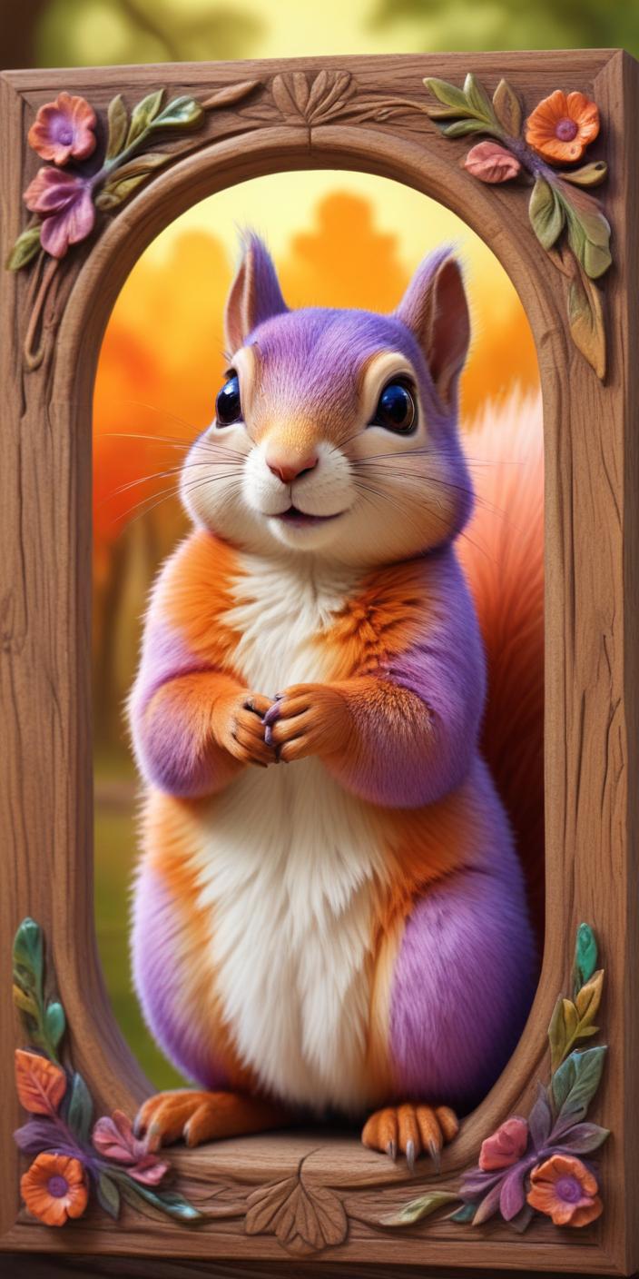 A purple and orange squirrel sits in a wooden frame A purple and orange squirrel sits in a wooden frame