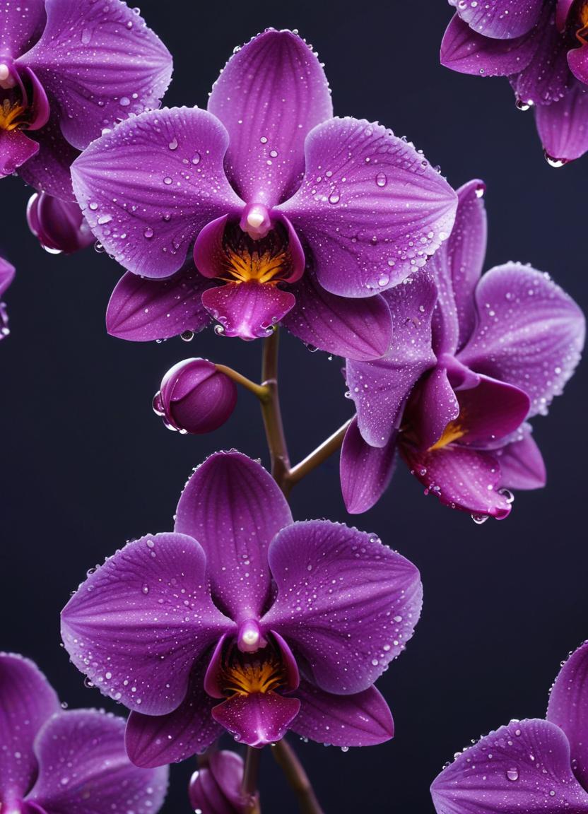 Purple orchids with dew drops on their petals Purple orchids with dew drops on their petals