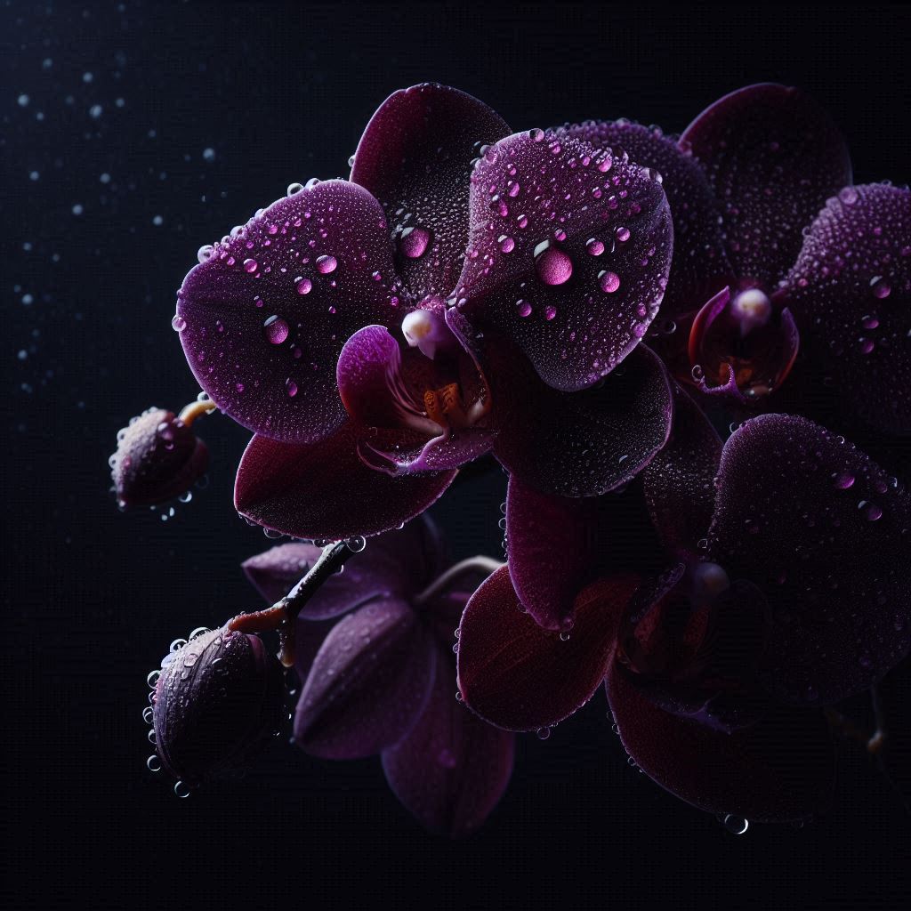 A dark orchid covered in water droplets A dark orchid covered in water droplets
