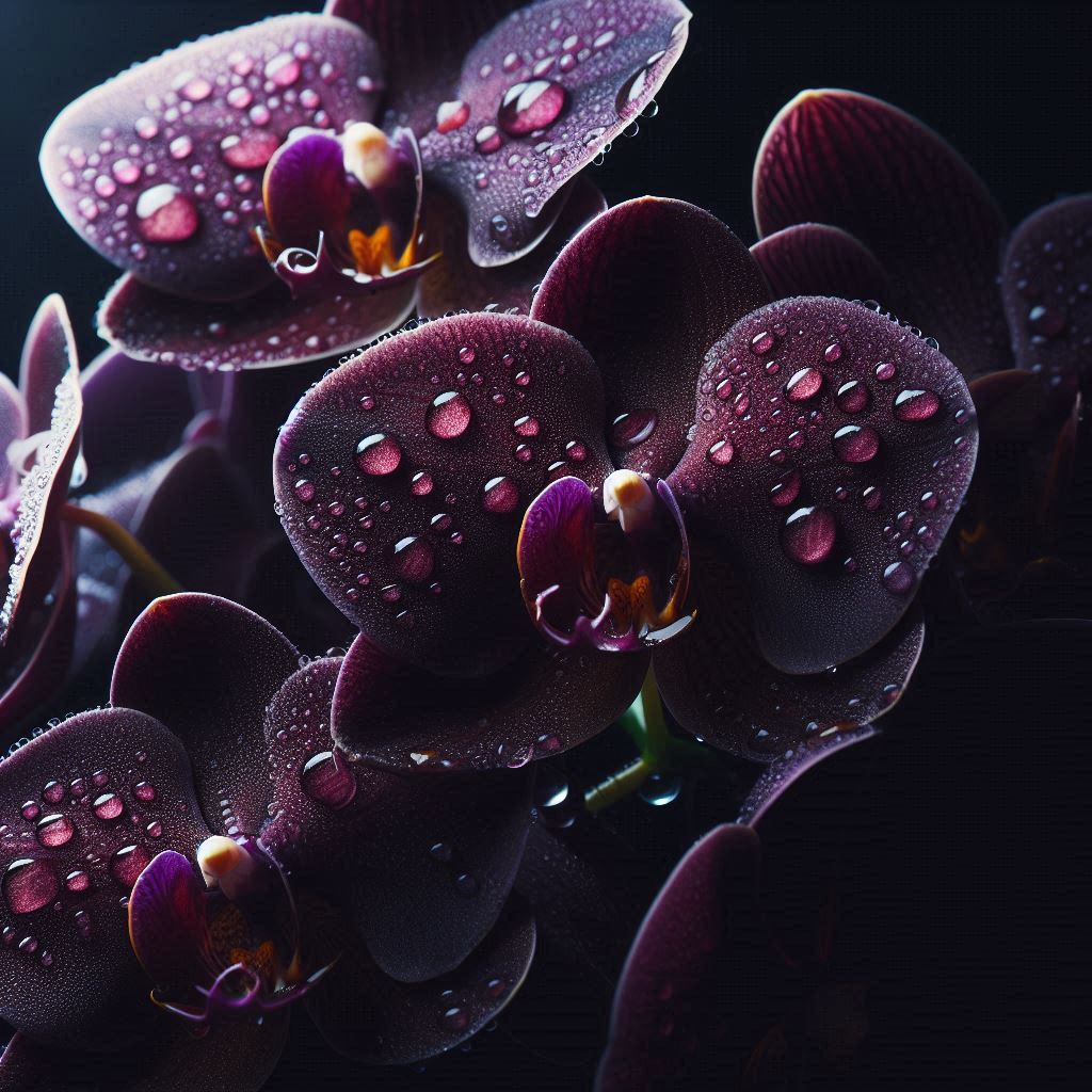 Dark orchids covered in water droplets Dark orchids covered in water droplets