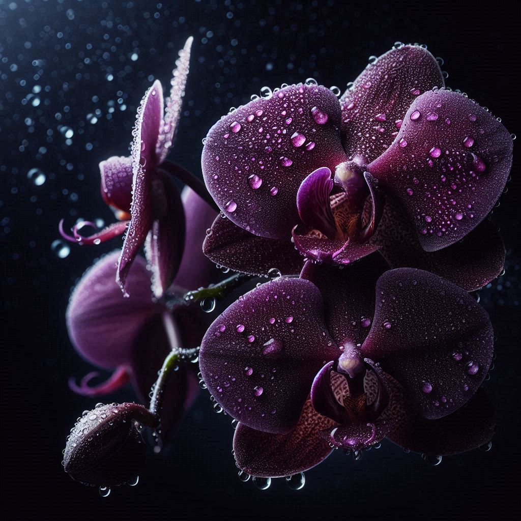 Dark purple orchids bloom with raindrops Dark purple orchids bloom with raindrops
