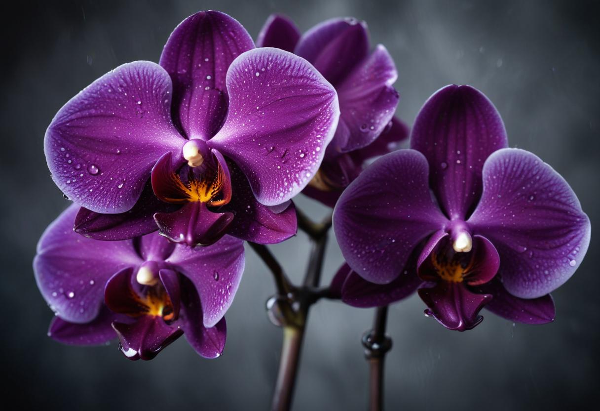 Purple orchids with water droplets on petals Purple orchids with water droplets on petals