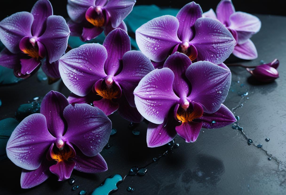 Purple orchids lay on a dark surface with water droplets Purple orchids lay on a dark surface with water droplets