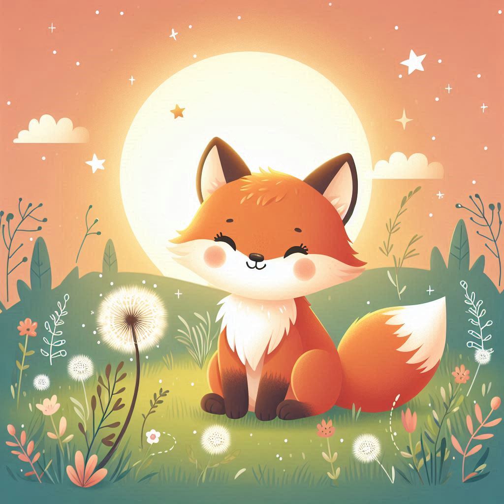A cute fox sits in a field at sunset A cute fox sits in a field at sunset