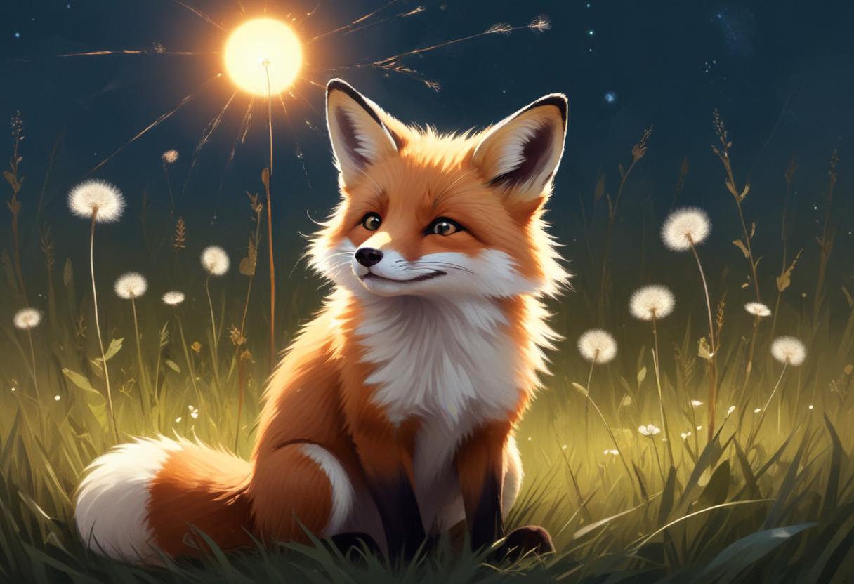 A red fox sits in a field of dandelions at night A red fox sits in a field of dandelions at night