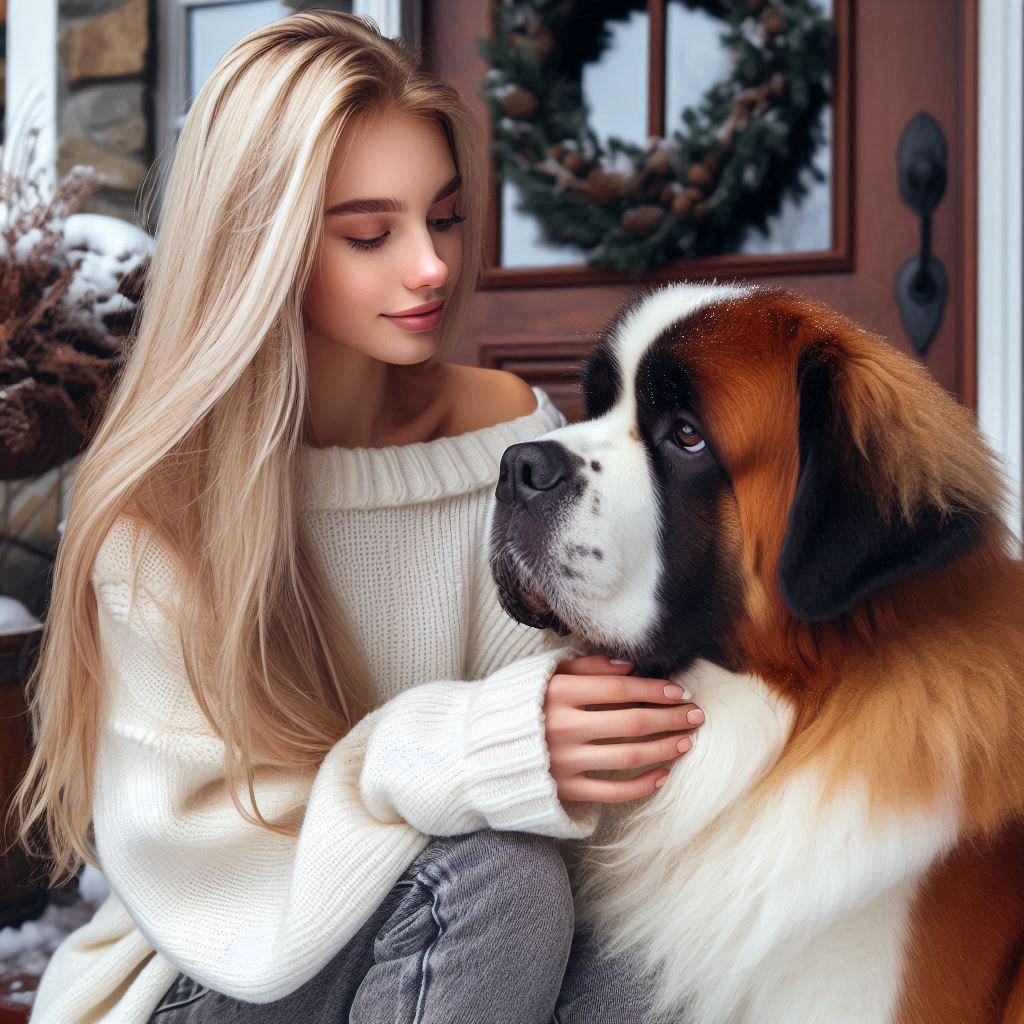 A woman pets a large brown dog A woman pets a large brown dog