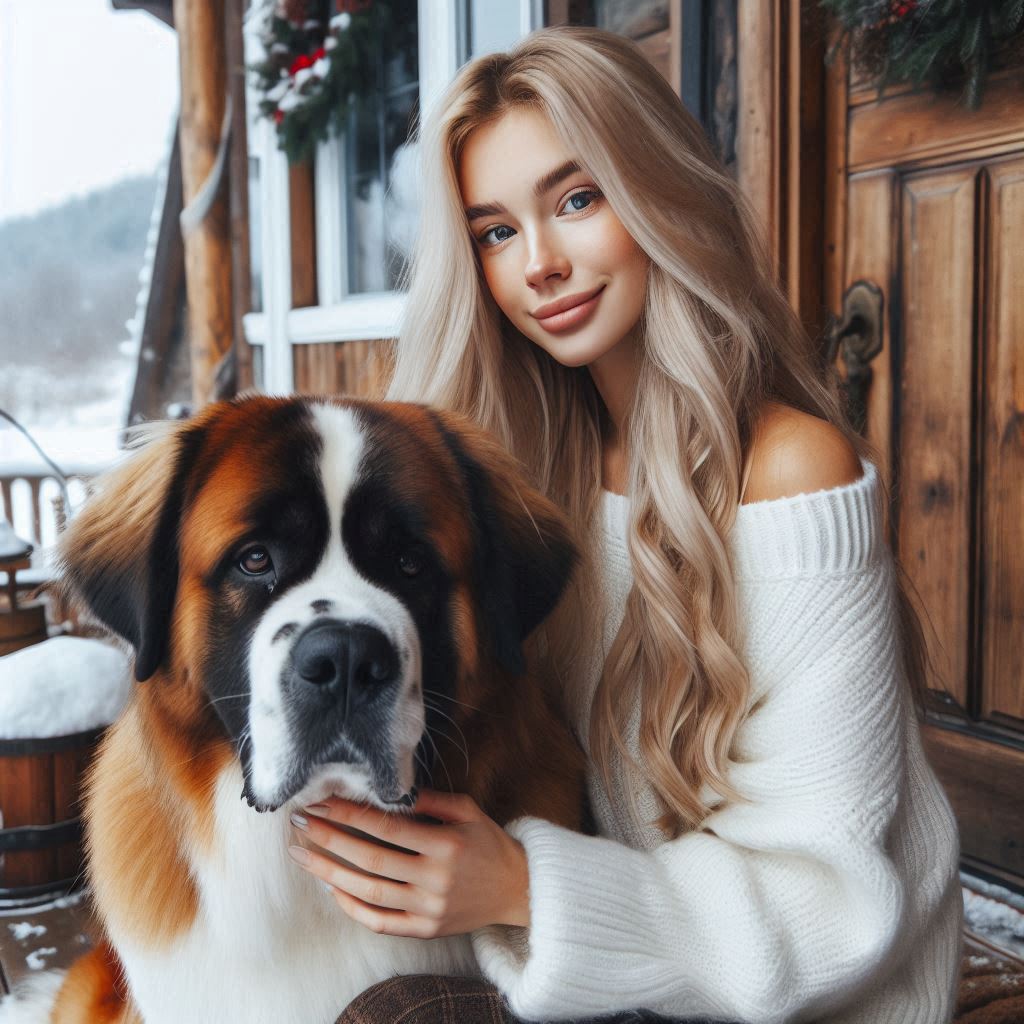 Woman with long blonde hair cuddles saint bernard Woman with long blonde hair cuddles saint bernard