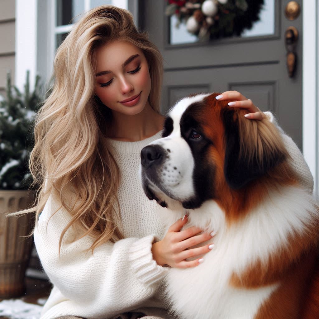 A woman pets a saint bernard dog in front of a house A woman pets a saint bernard dog in front of a house