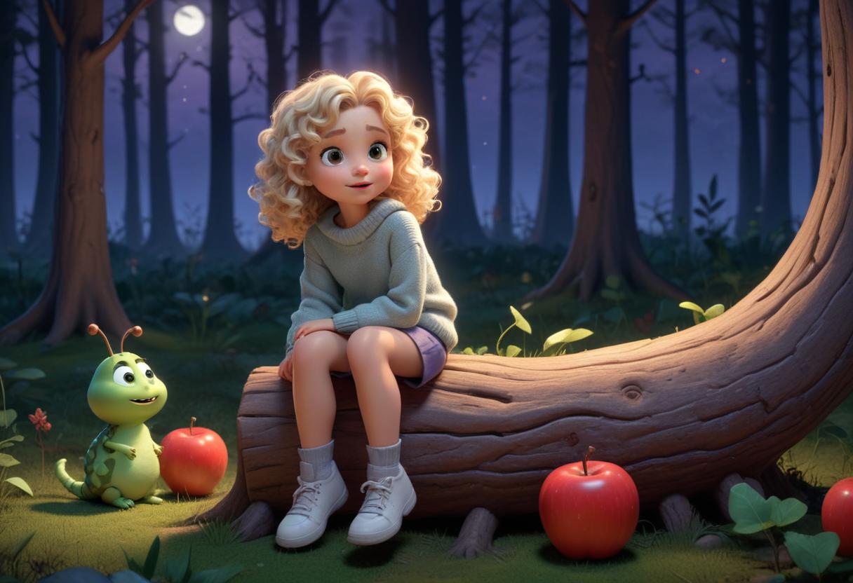 A girl sits on a log in the forest at night A girl sits on a log in the forest at night