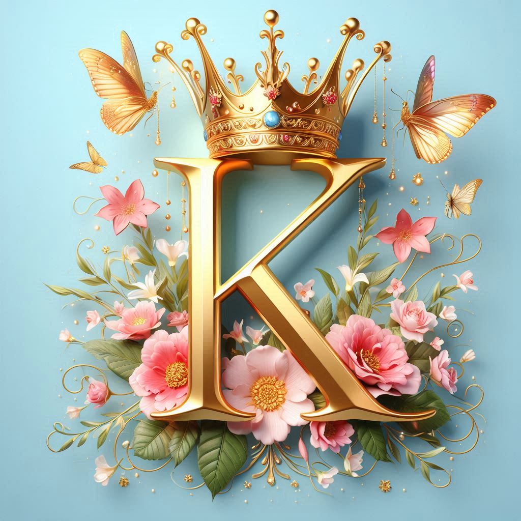 A gold letter k is surrounded by flowers and butterflies A gold letter k is surrounded by flowers and butterflies
