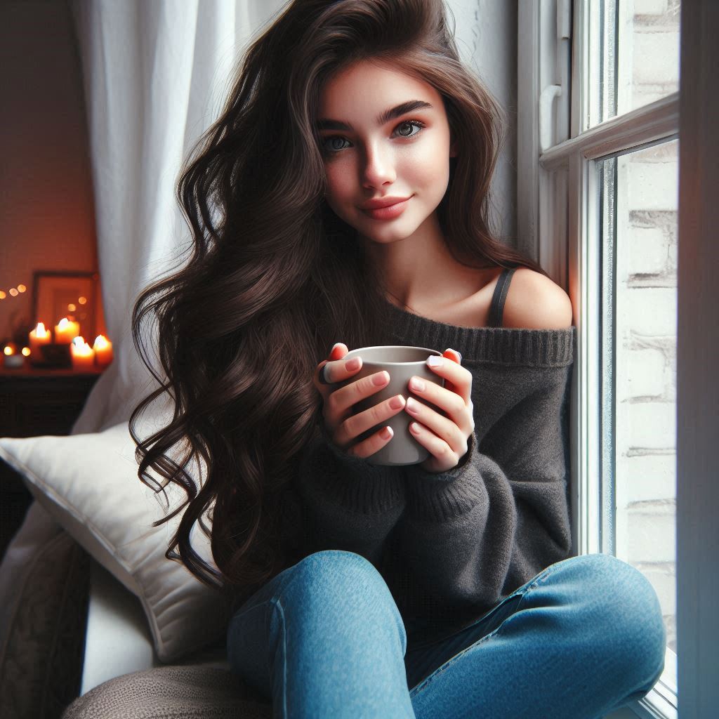 A woman by a window holds a cozy mug A woman by a window holds a cozy mug