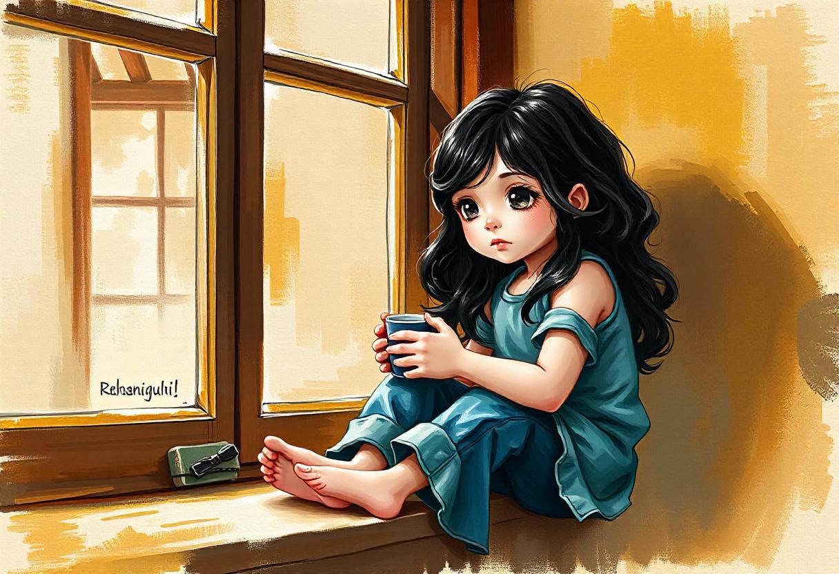 A girl sits by a window, holding a cup A girl sits by a window, holding a cup