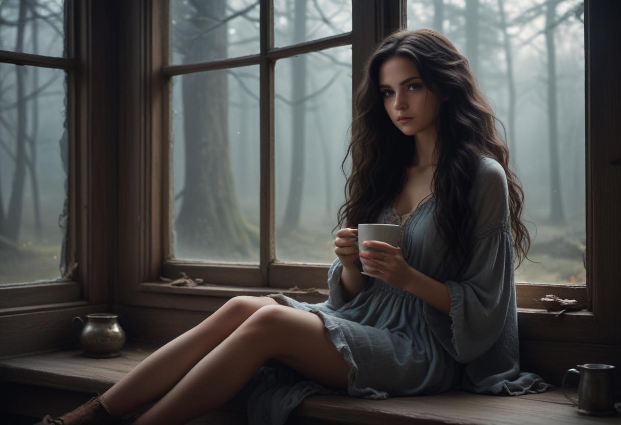A woman by a misty window sips tea A woman by a misty window sips tea